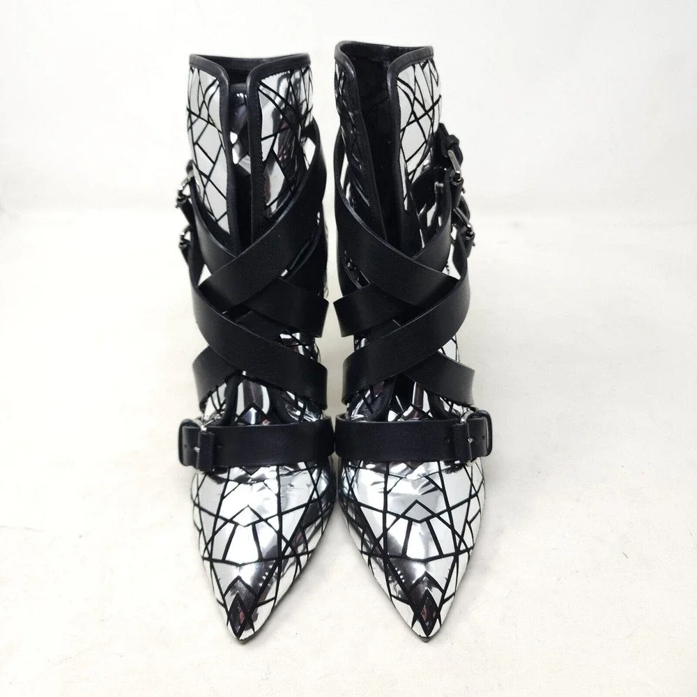 Balmain Paris Womens Boots Jackie Mosaic Silver Metallic Strappy Ankle Heel 37 7 - Picture 6 of 11